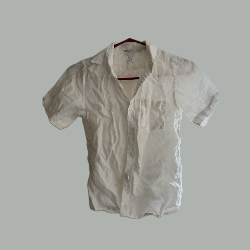 Amiani White Linen Short Sleeve Button-Up Shirt